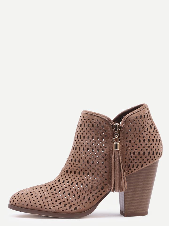 Romwe Khaki Faux Suede Laser Cut Wood Heel Boots