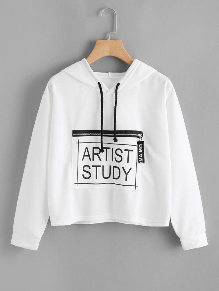 Romwe Slogan Print Pocket Hoodie