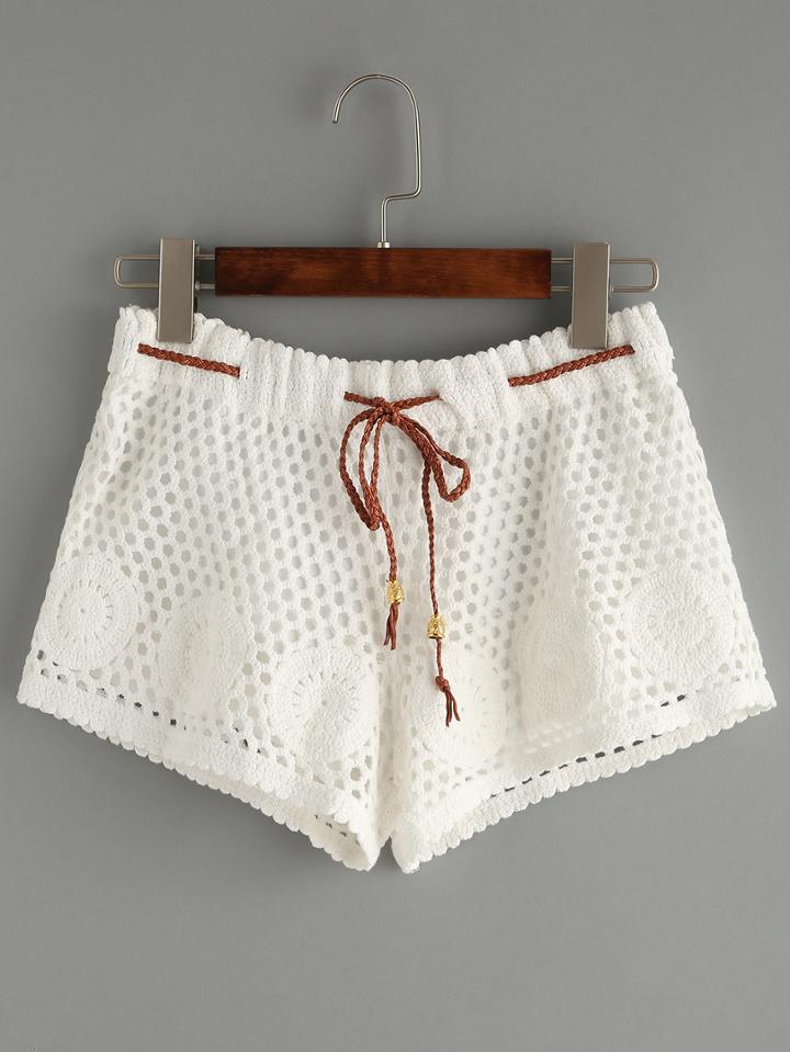 Romwe Braided Drawstring Waist Crochet Overlay Shorts - White