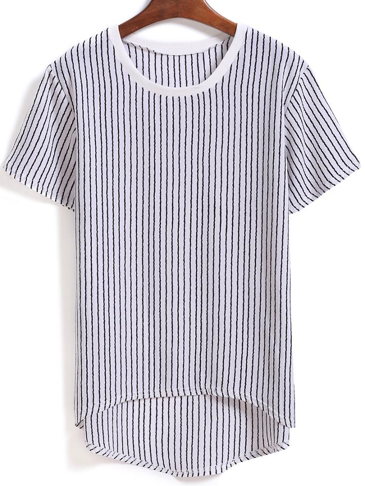 Romwe Dip Hem Vertical Striped White T-shirt