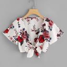 Romwe Knot Front Floral Print Crop Top