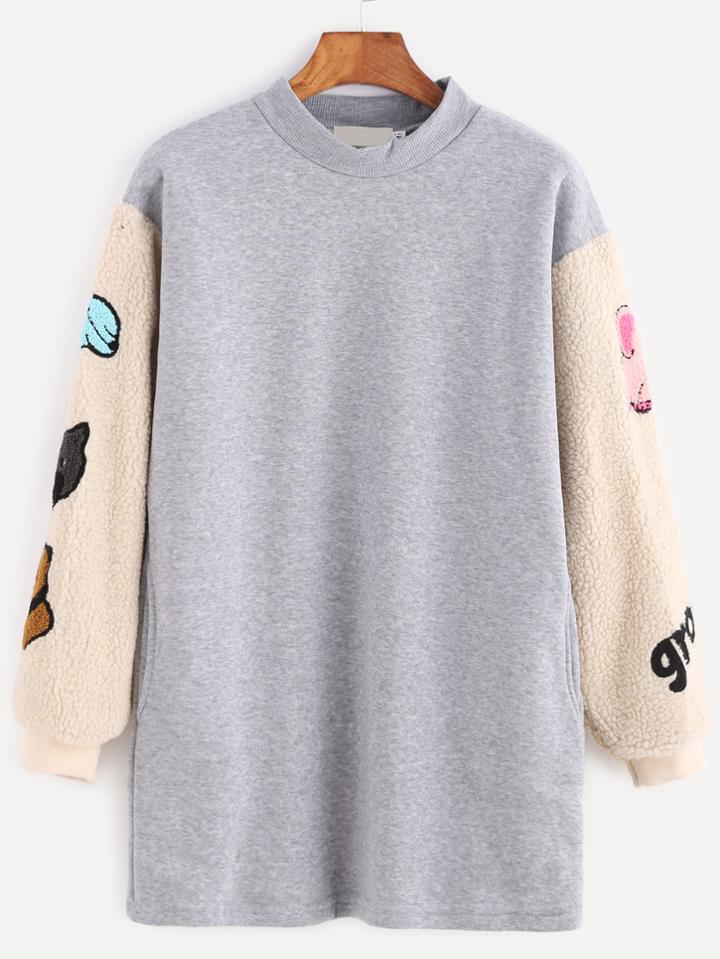 Romwe Grey Contrast Cartoon Patches Sherpa Sleeve Sweatshirt