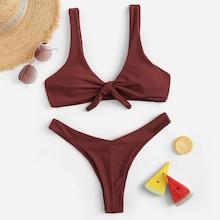 Romwe Tie Front Top With High Cut Bikini Set