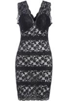 Romwe V Neck Sleeveless Hollow Lace Black Dress