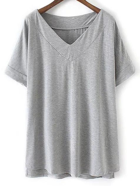 Romwe Light Grey V Neck Dip Hem Short Sleeve Casual T-shirt