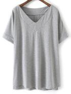 Romwe Light Grey V Neck Dip Hem Short Sleeve Casual T-shirt