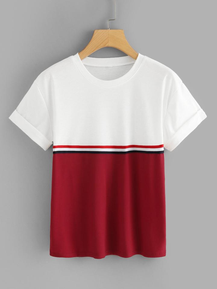 Romwe Striped Tape Color Block Cuffed Tee