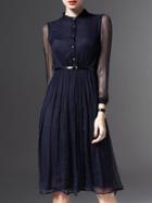 Romwe Navy Crew Neck Gauze Belted A-line Dress