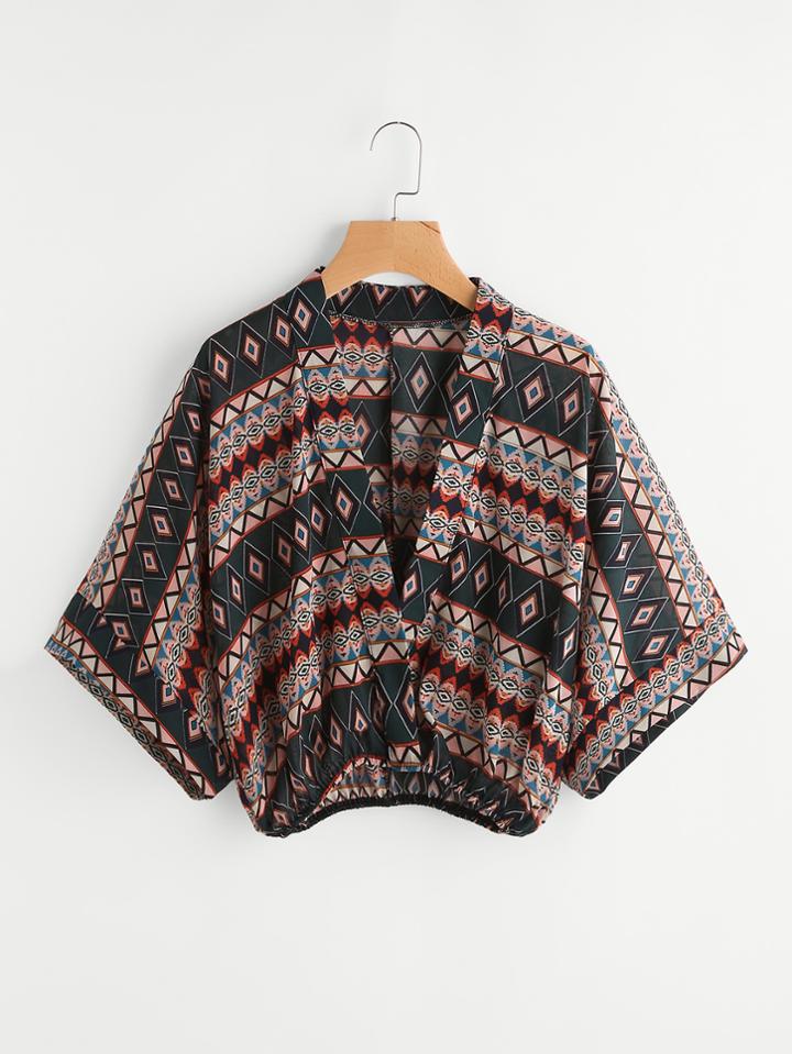 Romwe Plunging V-neckline Geo Print Surplice Top