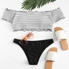 Romwe Lettuce Edge Mix And Match Bardot Bikini Set