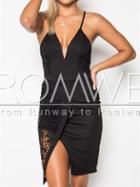 Romwe Black Spaghetti Strap V Neck With Lace Dress
