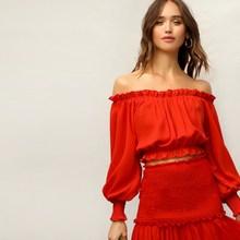 Romwe Frill Off Shoulder Smocked Cuff Crop Top