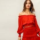 Romwe Frill Off Shoulder Smocked Cuff Crop Top