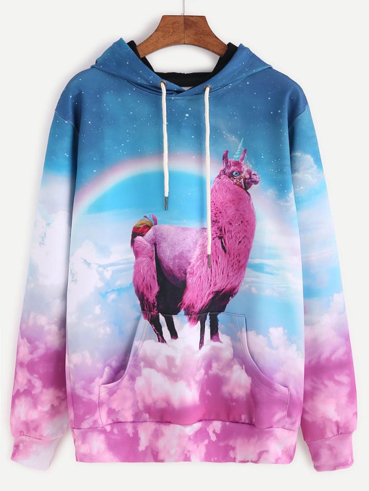 Romwe Graphic Print Drawstring Hooded Pocket Sweatshirt