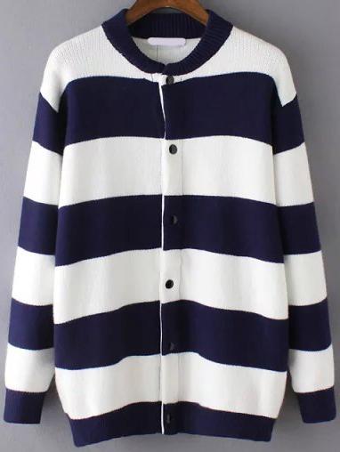 Romwe Women Striped Buttons Navy Coat