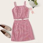 Romwe Gingham Bow Front Shirred Cami Top With Skirt