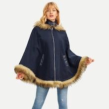 Romwe Faux Fur Trim Poncho Coat