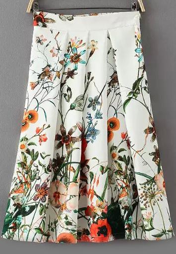 Romwe With Zipper Florals Pleated Skirt