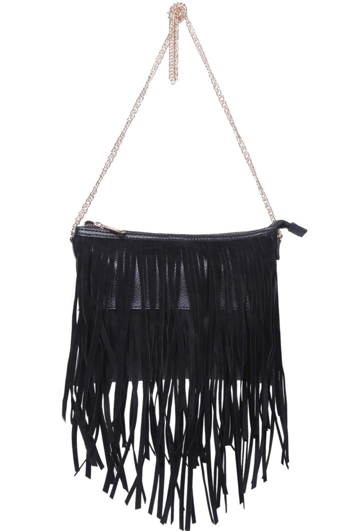 Romwe Black With Tassel Zipper Shoulder Bag