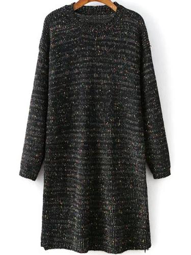 Romwe Women Round Neck Black Sweater Dress