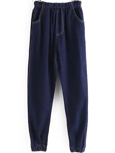 Romwe Elastic Waist Denim Navy Pant