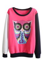 Romwe Color Block Cute Owl Pr Int Sweatshirt