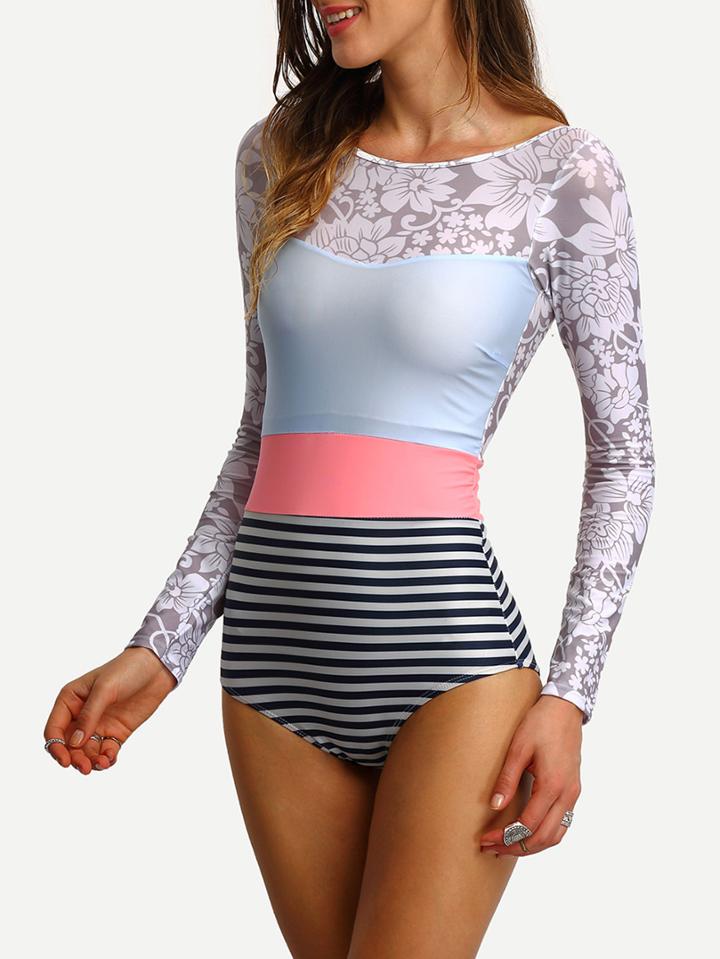 Romwe Multi Printed Backless Long Sleeve One-piece Swimwear