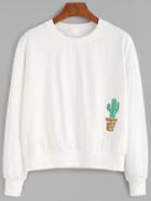 Romwe Beige Drop Shoulder Cactus Embroidery Sweatshirt