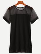 Romwe Black Sheer Mesh Panel T-shirt