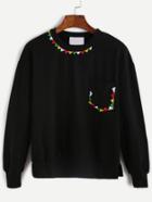 Romwe Black Split Side Embroidered Pocket Sweatshirt
