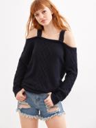 Romwe Navy Cable Knit Cold Shoulder Sweater