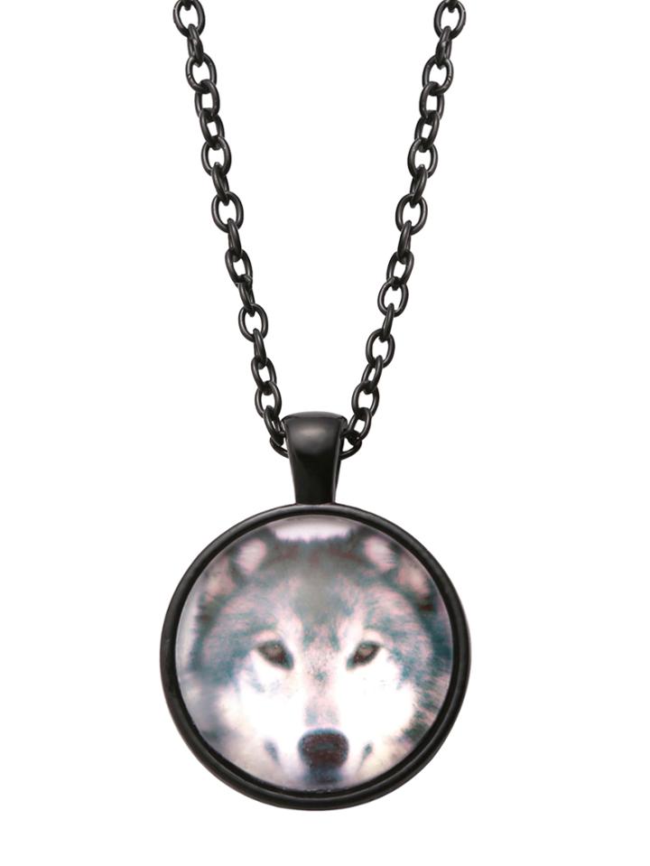 Romwe Black Wolf Print Glass Pendant Necklace
