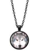 Romwe Black Wolf Print Glass Pendant Necklace
