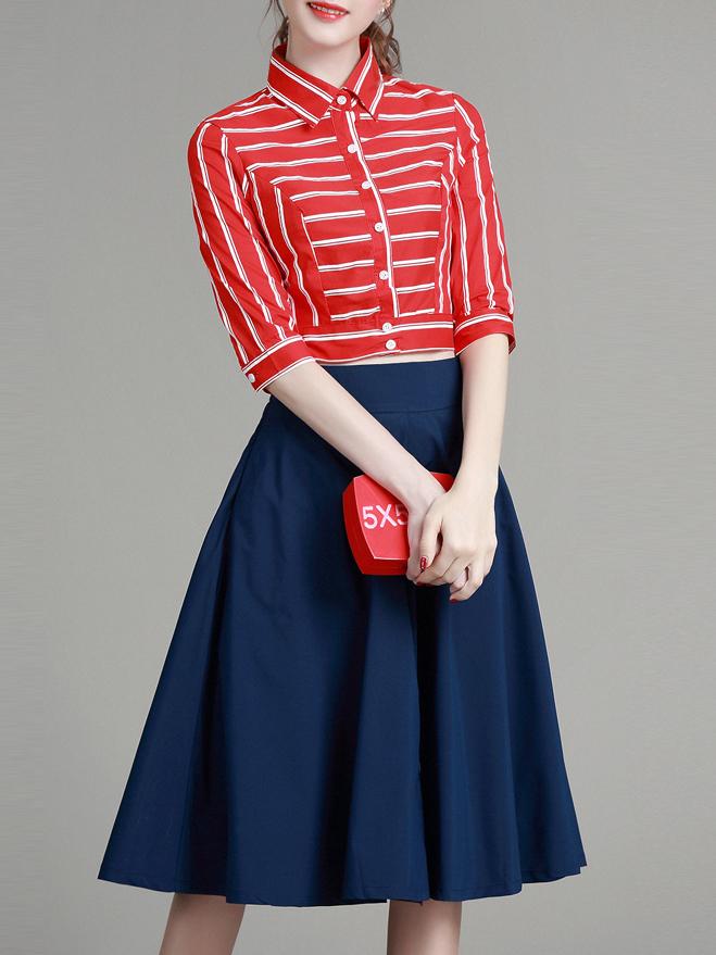 Romwe Red Lapel Striped Top With Skirt