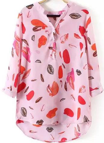 Romwe V Neck Dip Hem Lips Print Blouse