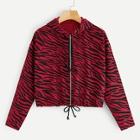 Romwe Zebra Print Zip-up Drawstring Hem Drawstring Jacket