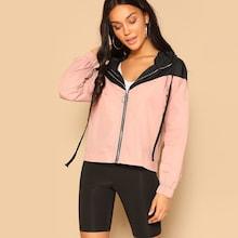 Romwe Zipper Up Windbreak Two-tone Hooded Jacket