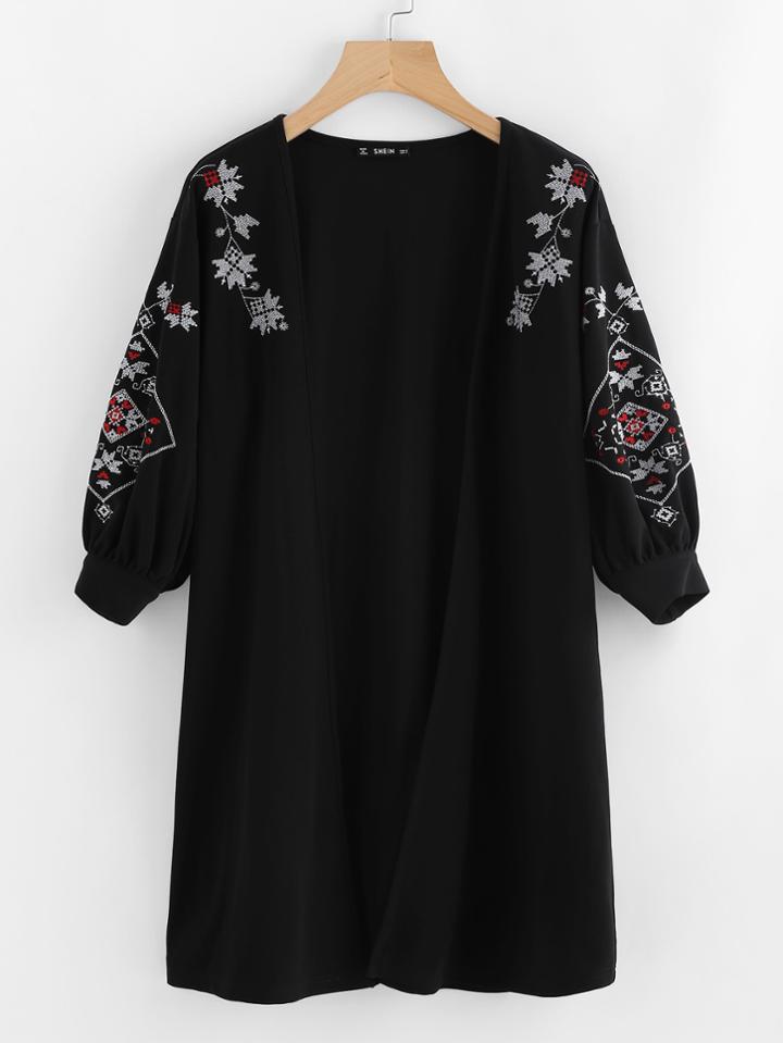 Romwe Embroidered Lantern Sleeve Open Front Coat