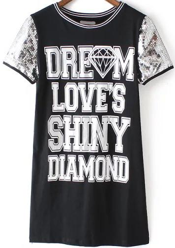 Romwe With Sequined Letter Print Black Dress