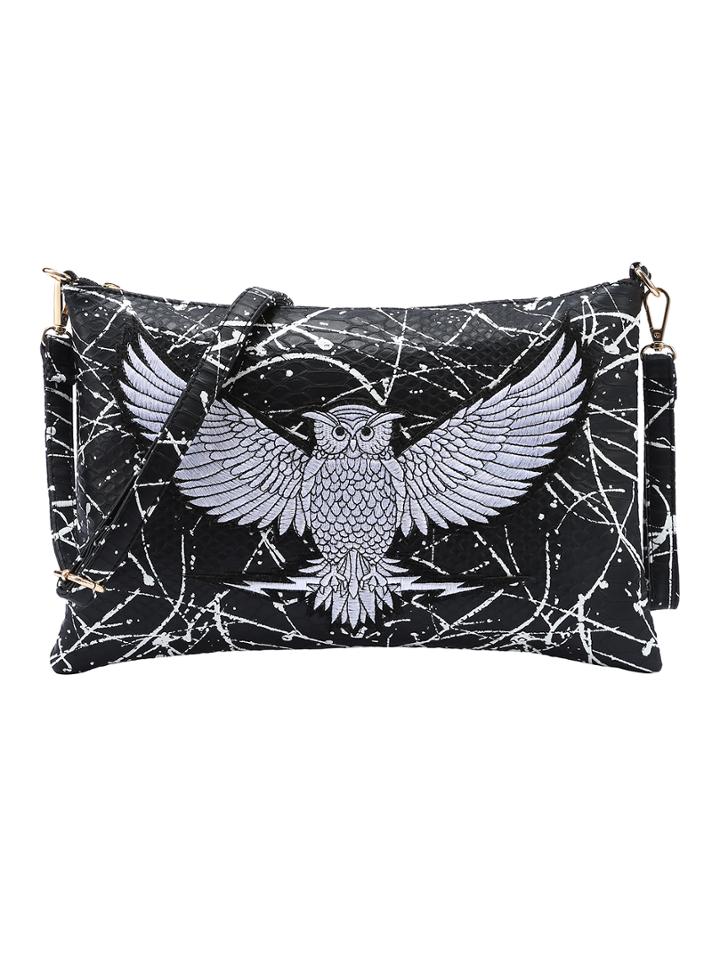 Romwe Embroidered Owl Patch Paint Splatter Print Clutch - Black