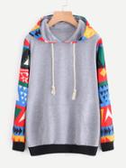 Romwe Contrast Geo Print Sleeve Hoodie