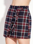 Romwe Plaid Tie Front Asymmetrical Skirt With Zipper