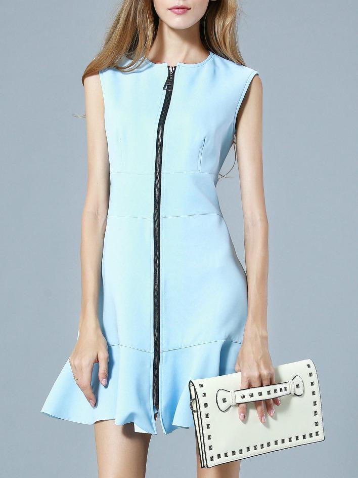 Romwe Light Blue Round Neck Sleeveless Zip Fishtail Dress