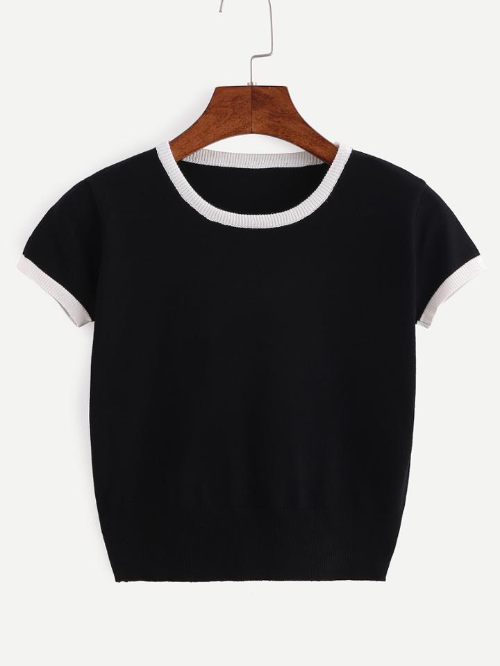 Romwe Contrast Trim Crop Knitted T-shirt - Black
