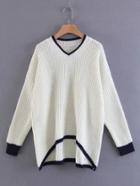 Romwe Contrast Trim Dip Hem V Neckline Sweater