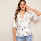 Romwe Floral Print Belted Wrap Blouse