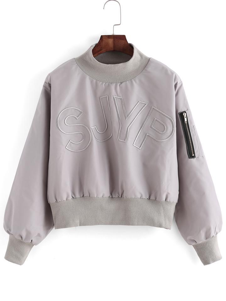Romwe Stand Collar Letters Embroidered Grey Sweatshirt