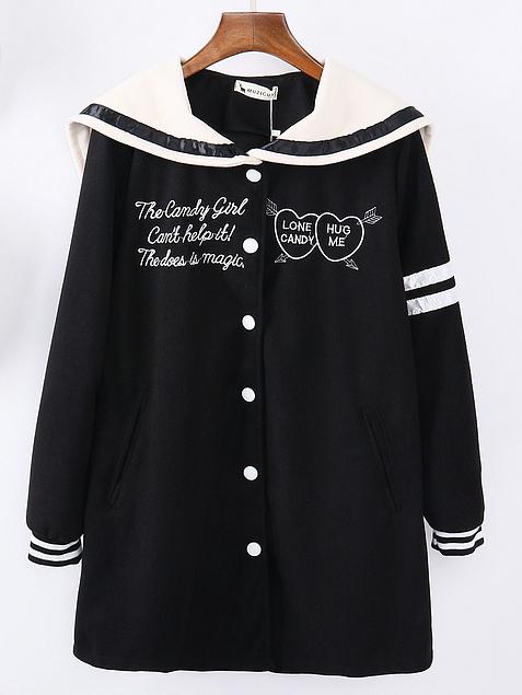 Romwe Lapel Letter Embroidered Buttons Long Coat