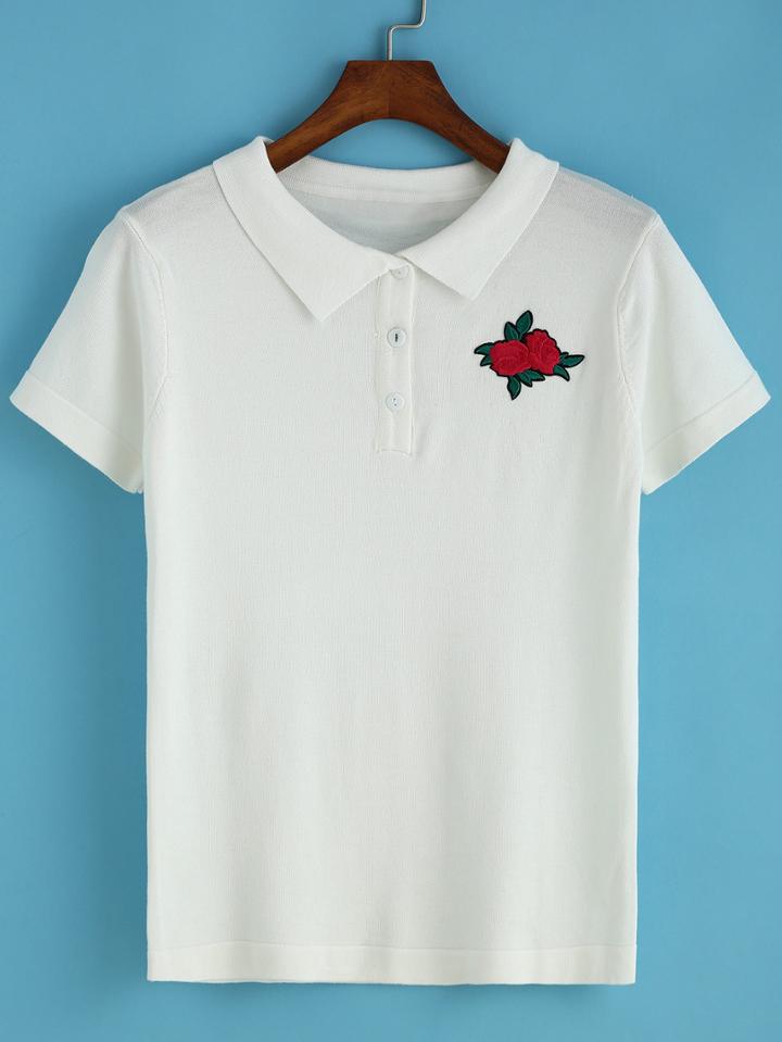 Romwe Lapel Short Sleeve Rose Embroidered Blouse