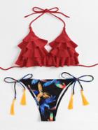 Romwe Tiered Flounce Tassel Tie Bikini Set